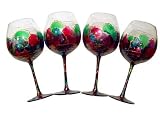 ArtisanStreet's Burgundy & Green Balloon Wine Glasses. Set of 4 Large Goblets. Each Hand Painted with Gold Accents in Abstract Design. One of a Kind, Signed by Artisan.