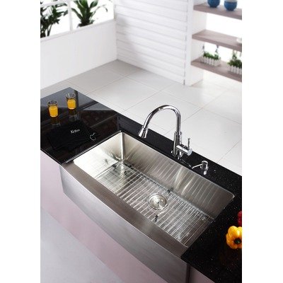 Kraus KHF200-36-KPF2220-KSD30SN 36 inch Farmhouse Single Bowl Stainless Steel Kitchen Sink with Satin Nickel Kitchen Faucet and Soap Dispenser
