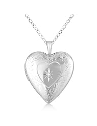 Sterling Silver Vintage Engraved Heart Diamond Locket Necklace (.01ct)