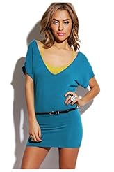 V-neck Polyester/Rayon/Spandex/Knit Dolman Short Sleeves Belted Stretchy Club Dress/Evening Dress/Mini Dress 