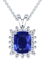 18K White Gold Cushion Cut Blue Sapphire And Round Diamond Pendant