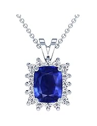 14K White Gold Cushion Cut Blue Sapphire And Round Diamond Pendant
