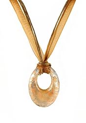 Necklace - N118 - Murano Glass Style - Open Oval Shape ~ Brown, Copper and Gold hung on 5 Strand Organza and Cotton Cord + 2" Extension Chain