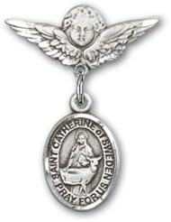 Sterling Silver Baby Badge with St. Catherine of Sweden Charm and Angel with Wings Badge Pin