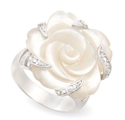 JanKuo Jewelry Carved Mother of Pearl Flower with CZ Cocktail Ring with Gift Box.