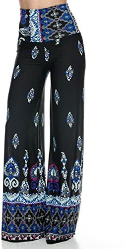 Tribal Print, Knit Palazzo Pants with a High Fold-over Waist and a Wide Leg Black (Small)