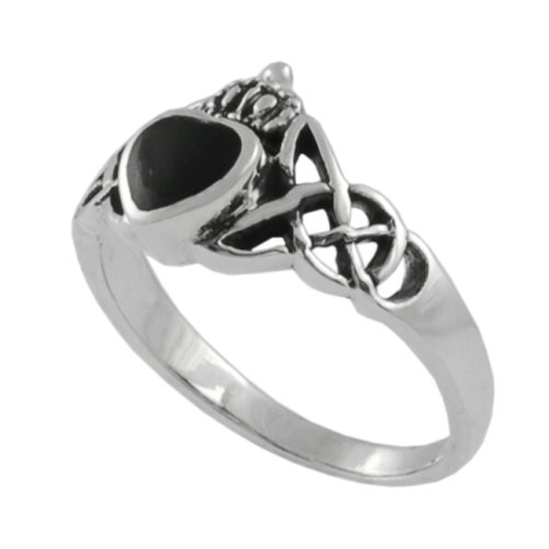 Sterling Silver Black Onyx Celtic Design Claddagh Ring