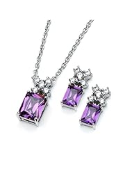 Rhodium Plated 925 Sterling Silver Rectangle Cut Prong Set Amethyst Cubic Zirconia CZ Designer Elegant Earrings and Necklace Set
