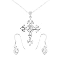 Sterling Silver With Cubic Zirconia Cross Necklace & Cross Earring Set - Silver/White ( 18" )