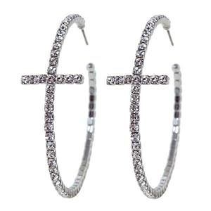 Heirloom Finds Sparkly Elegant Crystal Cross Hoop Earrings in Silver Tone