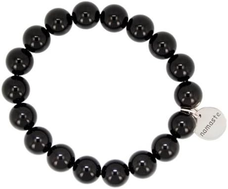 Round Namaste Charm in Sterling Silver on Rainbow Obsidian Genuine Gemstone10mm Bead Stretch Bracelet, 7 Inch Length, #7200