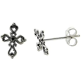 Very Tiny Filigree Cross Stud Earrings in Sterling Silver 3/8" Long (11mm)