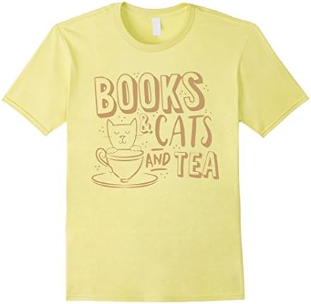 Men's Books And Cats And Tea T Shirt 2XL Lemon