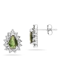 6X4mm Pear Shaped Peridot and Diamond Flower Earrings in 14k White Gold