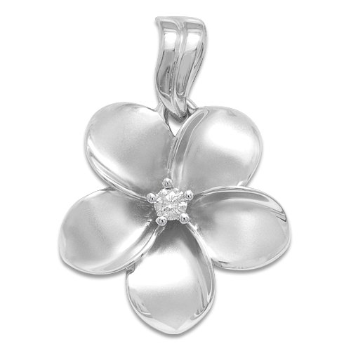 Plumeria Pendant with Diamond in 14K White Gold - 23mm