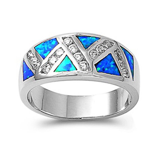 Rhodium Plated Sterling Silver Wedding & Engagement Ring Blue Opal, Clear CZ Ladies Band 9MM ( Size 5 to 9)