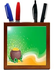 Rikki KnightTM Gold Coins in Pot Irish Shamrock Design 5 Inch Tile Wooden Pencil Holder (Tile Image on Both Sides)