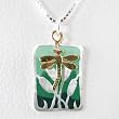 Cat Tails and Dragonfly Pendant in Sterling Silver, Green Epoxy and Gold Fill on 16" Box Chain, #8774