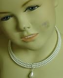 Sj.087, Three Strand White Simulated Pearl Choker Necklace with Crystal Rhinestone Pendant and Earrings for Teens