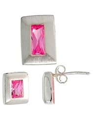 Sterling Silver Matte-finish Rectangular Earrings (9mm tall) & Pendant Slide (14mm tall) Set, w/ Emerald Cut Pink Tourmaline-colored CZ Stones