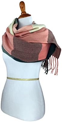 Long Shawl Scarf for Women Warm, Tartan, Multicolor Plaid Blanket Big Winter Fashion Scarves (White Pink Green w Tassel)