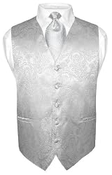 Men's Silver Paisley Design Dress Vest and NeckTie Set for Suit or Tuxedo