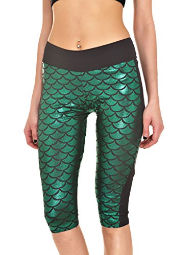 LOV ANNY Women's Fish Scale Printed Running Yoga Capri Leggings Green XL