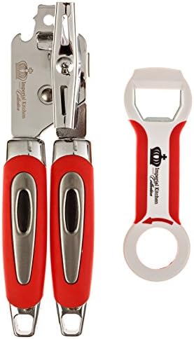 #1 Best Professional Can Opener &amp; 4 in 1 Heavy Duty Bottle Opener Combo Set, High Quality Stainless Steel, Ergonomic Design Soft Grip Handle. Imperial Kitchen Collection (Red)