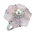 Rose Quartz Cubic Zirconia Flower Cultured Pearl Silver Ring