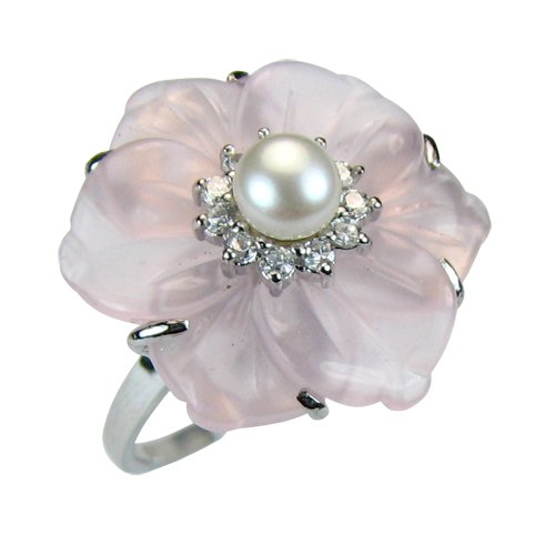 Quartz rose zircon cubique fleur de culture Bague Silver Pearl