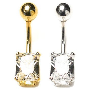 14K Gold Belly Ring w/ Pretty Emerald Cut CZ