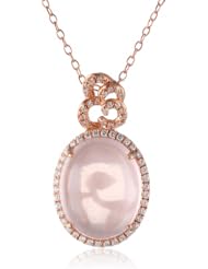 Rose Rhodium Plated Sterling Silver Oval Shaped Rose Quartz and Cubic Zirconia Pendant Necklace, 18"