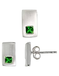 Sterling Silver Matte-finish Rectangular Earrings (10mm tall) & Pendant Slide (10mm tall) Set, w/ Princess Cut Emerald-colored CZ Stones