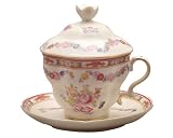Gracie China Pink Chinese Bouquet 3-Piece Covered 9-Ounce Tea Cup Saucer