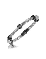 Sterling Silver Rhodium Plated Popcorn Bangle with Diamond Cut Barrel Stations