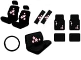 15 Piece Auto Interior Gift Set - Pink Flower - A Set of 2 Seat Covers, 1 Rear Bench Cover, 1 Steering Wheel, A Set of 2 Seat Belt Pads, and A Set of 4 Plush Carpet Floor Mats
