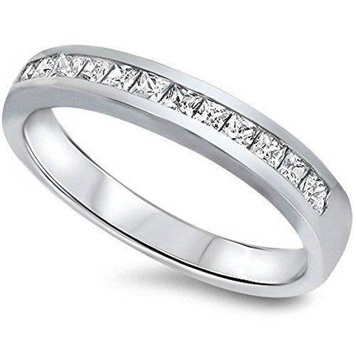 Princess Cut Channel Cz Set Wedding Band .925 Sterling Silver Ring Sizes 3-12
