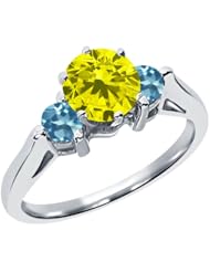 0.71 Ct Round Canary Diamond Swiss Blue Topaz 18K White Gold 3-Stone Ring