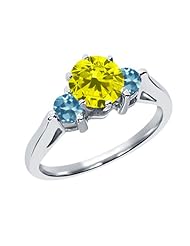 0.71 Ct Round Canary Diamond Swiss Blue Topaz 18K White Gold 3-Stone Ring