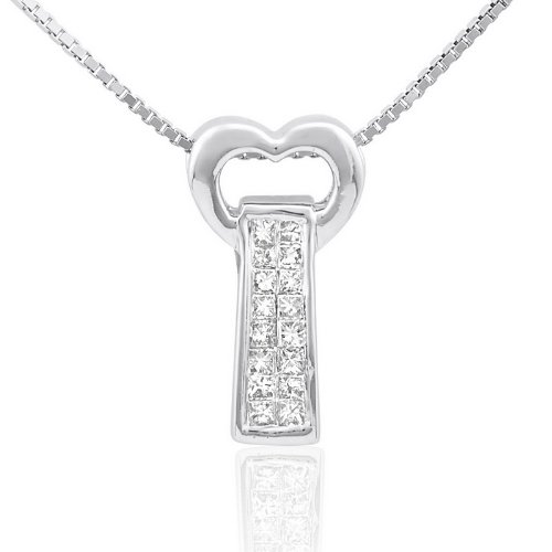 0.25cttw Two rows Invisible princess cut diamonds set in 14K heart shape white gold.