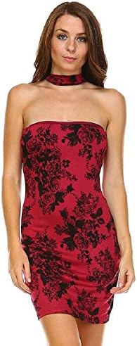 Aly-Rose Women's Choker Tube Bodycon Fitted Floral Print Romance Dress (Small, Wine/Black)