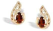 14K Yellow Gold Genuine Pear Garnet and Diamond Filligree Earrings