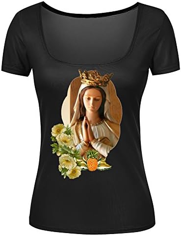 Kelisa 3D Girls Scoop Neck Beautiful Virgin Mary Short Sleeve Black Summer Tee Shirt