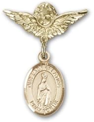 14K Gold Baby Badge with Our Lady of Fatima Charm and Angel with Wings Badge Pin