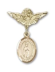 Gold Filled Baby Badge with Our Lady of Fatima Charm and Angel with Wings Badge Pin