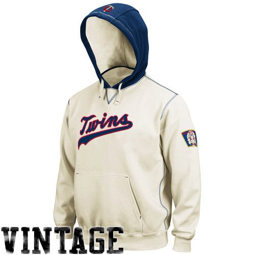 MLB Minnesota Twins 1965 Cooperstown Adult Long Sleeve Hooded Fleece Pull Over (Scoured Natural/Athletic Navy, Large)