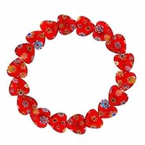 Sterling Silver Murano Glass Red Heart Millefiori Flower Stretch Bracelet Valentine's Day