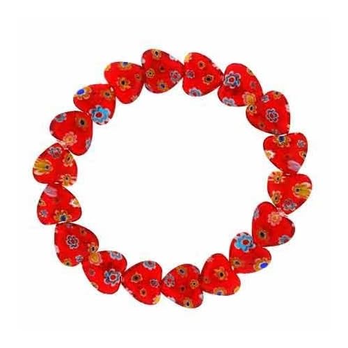 Sterling Silver Murano Glass Red Heart Millefiori Flower Stretch Bracelet Valentine's Day