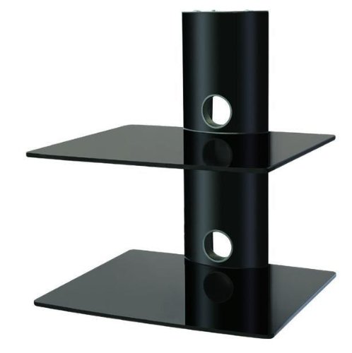 Designer Habitat - 2x Floating Black Glass Shelves Mount Bracket for DVD/Blu-Ray Player, Satellite/Cable Box, Games Console - Black