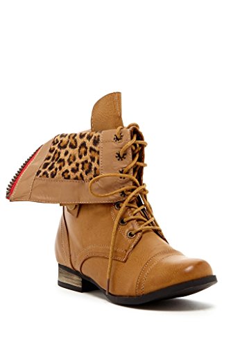 Charles Albert Women's Cablee Combat Boot with Leopard Foldover Cuff in Cognac Size: 9
